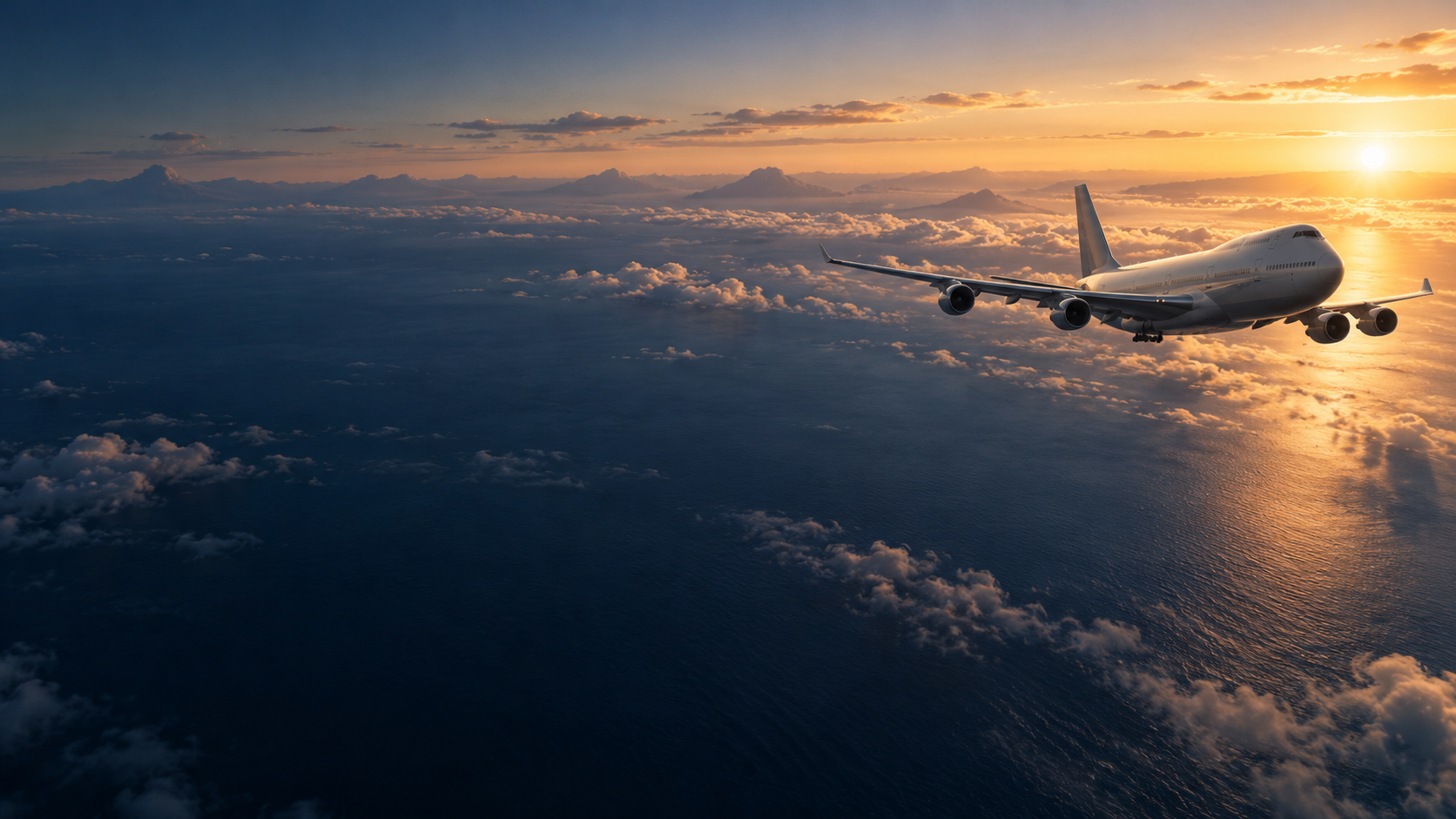 A jumbo jet flying above the ocean at sunrise